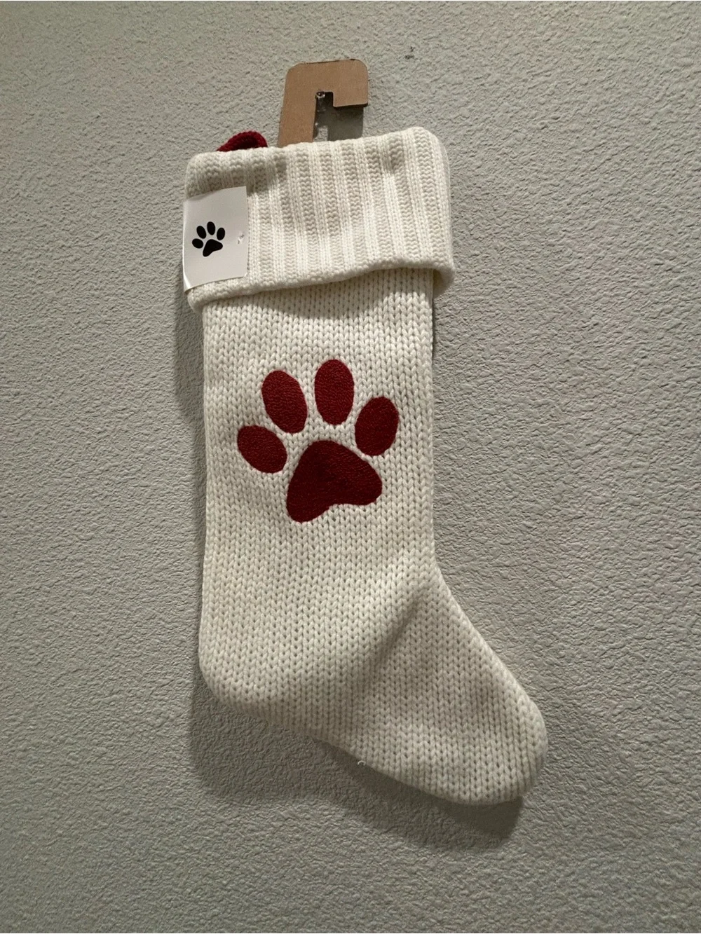 Cream Knit Dog Stocking with Red Paw Accent